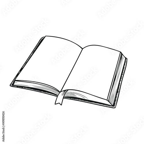 Open book with pages in hand-drawn black and white style