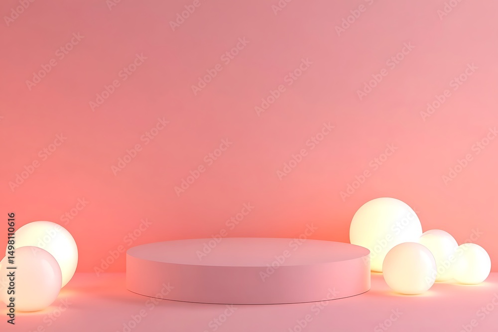 Fototapeta premium Sophisticated, minimalist product display featuring a round, light pink podium draped with flowing pink fabric and accented by two transparent sphere-shaped objects