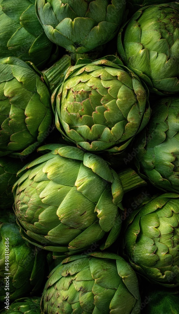 Fototapeta premium Fresh green artichokes arranged closely together