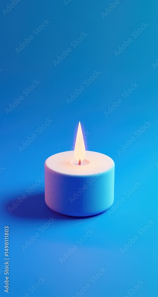 Single candle, vibrant blue backdrop. Soft light. Simple, modern design Single candle, vibrant blue backdrop. Soft light. Simple, modern design