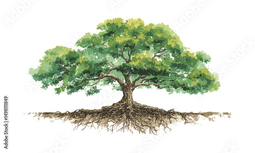 Tree with flourishing green canopy and detailed root system in vibrant watercolor vector illustration, symbolizing natural growth, healthy ecosystem, plant life, earth day art