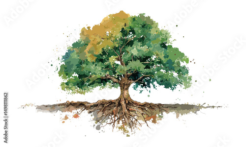 Lush green tree with intricate roots in watercolor vector illustration, representing life and growth, nature conservation, outdoor scenery, eco concept, seasonal foliage art, garden design.
