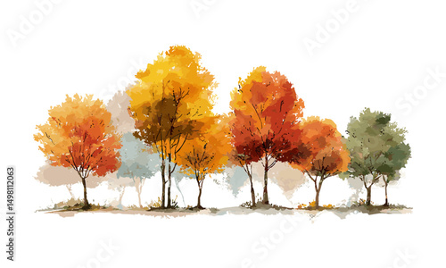 Horizontal banner autumn trees watercolor vector illustration, fall forest background, seasonal nature art, colorful foliage, tranquil park landscape, warm tones, outdoor scenery.