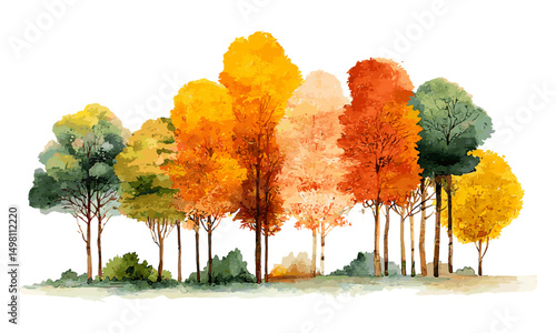 Autumn trees horizontal banner watercolor vector illustration, fall foliage landscape, seasonal nature background, colorful leaves, rustic design, scenic outdoors, park view.