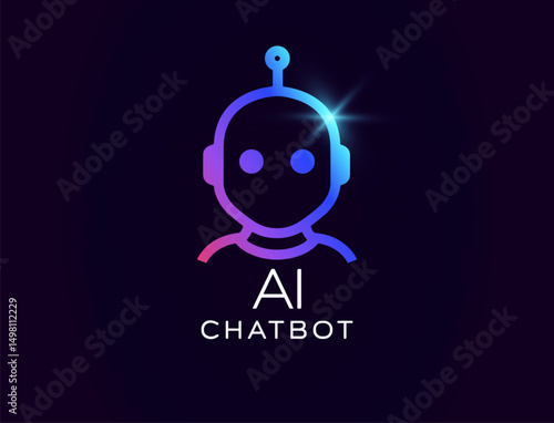 AI chatbot logo with friendly robot avatar, glowing gradient lines, virtual assistant look. Perfect for customer support apps, automation services, tech branding. Vector illustration.