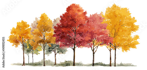 Watercolor autumn trees horizontal banner vector illustration, fall season scenery, natural landscape, golden leaves, peaceful forest, seasonal colors, rustic environment.