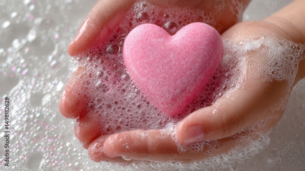 Fototapeta premium Hands holding a pink heart-shaped bath bomb with soap bubbles in the water