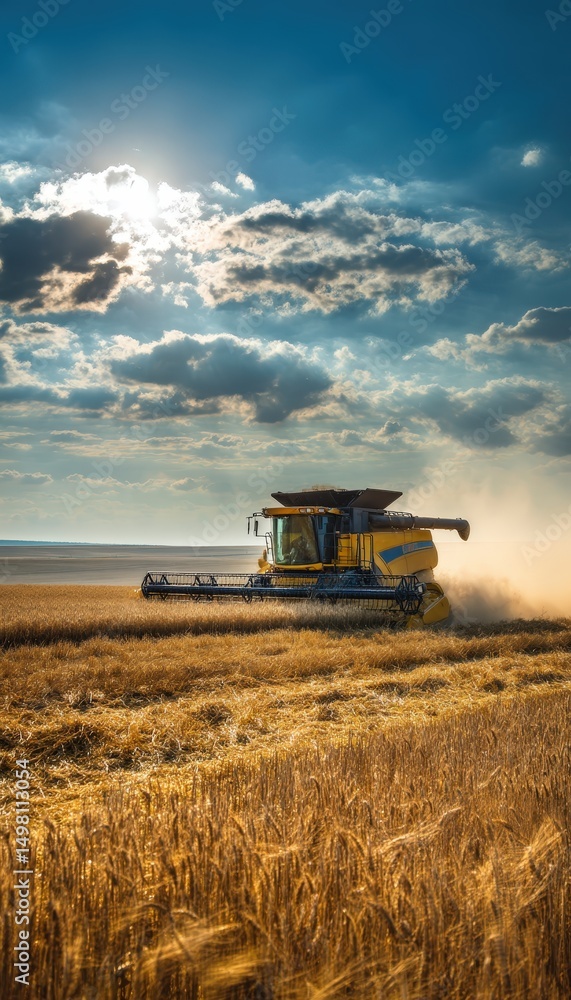 Fototapeta premium Modern combine harvester working in a vast golden wheat field at sunset