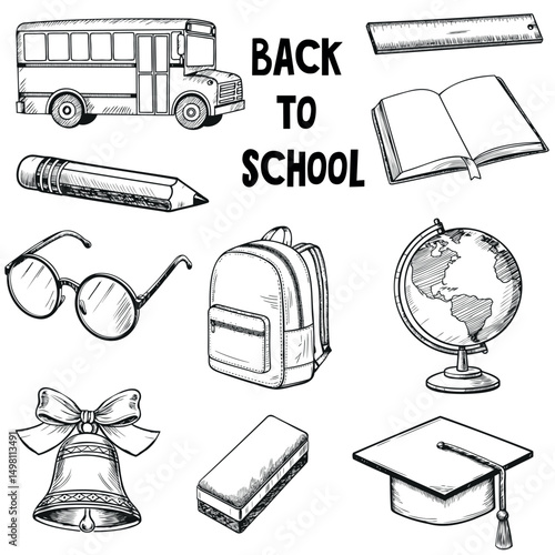 Set of vintage school elements with text Back to school in sketch style