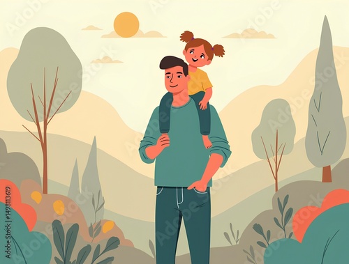 Heartwarming illustration of a father carrying his child on his shoulders, walking outdoors in a natural landscape. Represents paternal love, family adventures, and outdoor recreation.