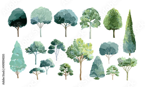 Varying foliage clusters, botanical landscape design elements, organic canopy shapes, watercolor styled tree icons, soft gradient greens, aerial garden planning symbols, vector illustration