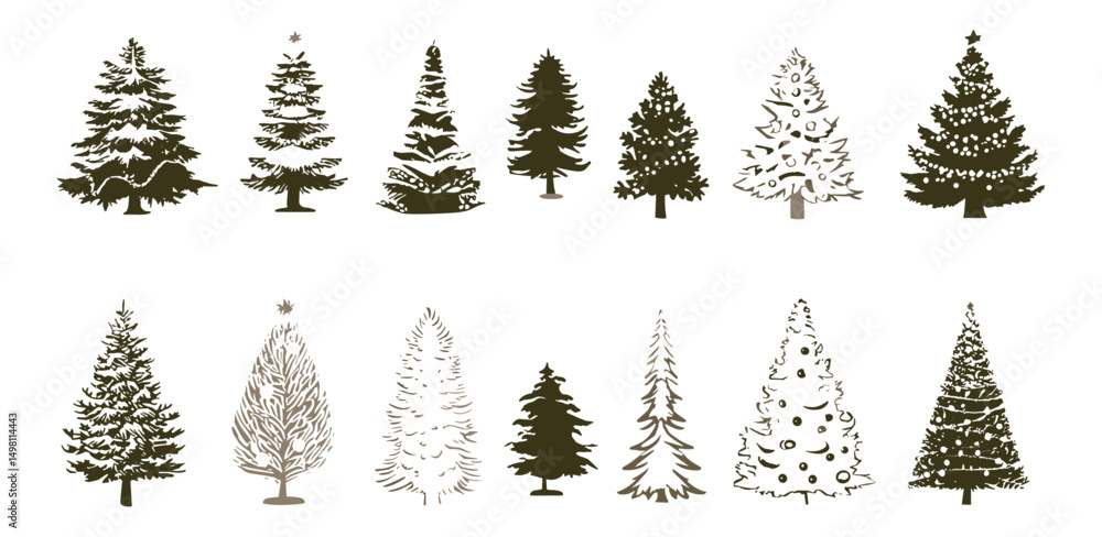 Obraz premium Winter holiday vector illustration, Christmas Trees pictogram set white bg, Xmas decoration icons, pine tree silhouettes, festive season symbols, seasonal celebration graphics.