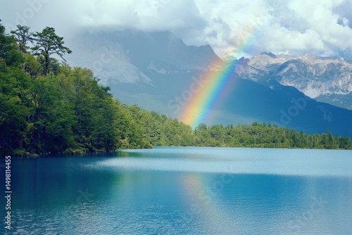 Rainbow arches over tranquil lake surrounded by lush greenery and majestic mountains under a cloudy sky, a rainbow on beautiful lake with pure water nature Photo background ing for live wallpaper