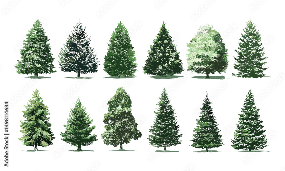Obraz premium Pine tree Christmas Trees pictogram vector illustration, white background, festive season icons, winter holiday symbols, Xmas tree graphics, seasonal decoration set.