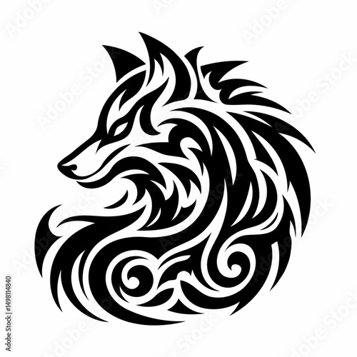 Tribal wolf illustration in black and white tattoo style

