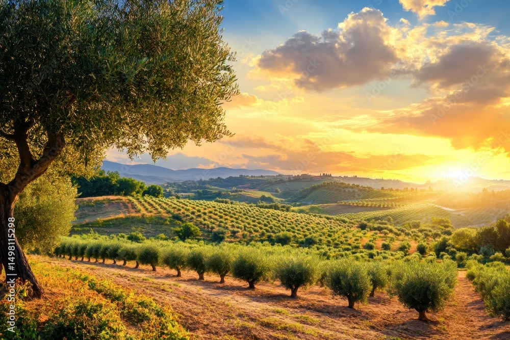 Naklejka premium Beautiful sunset over olive tree plantation in a lush agricultural landscape, Agriculture landscape Olive oil tree plantation