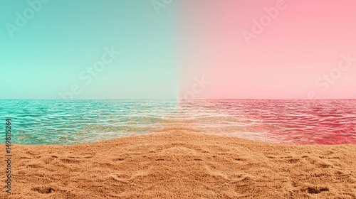 A beach scene with a pink and blue sky and ocean.