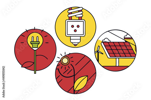 Icons depicting renewable energy sources including solar power and energy efficient options