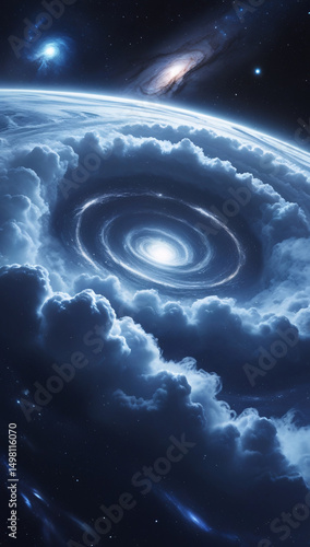 A hyper-realistic 4K scene of deep space showing a massive cloud of water vapor swirling around a distant black hole.
