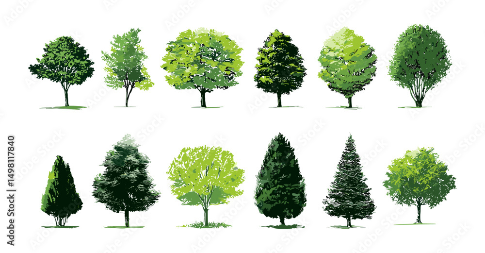 Fototapeta premium Vector illustration of green tree icons, forest symbols, nature graphics, botanical vectors, ecological designs, leaf shapes, tree silhouettes, organic style, environment visuals, plant motifs.