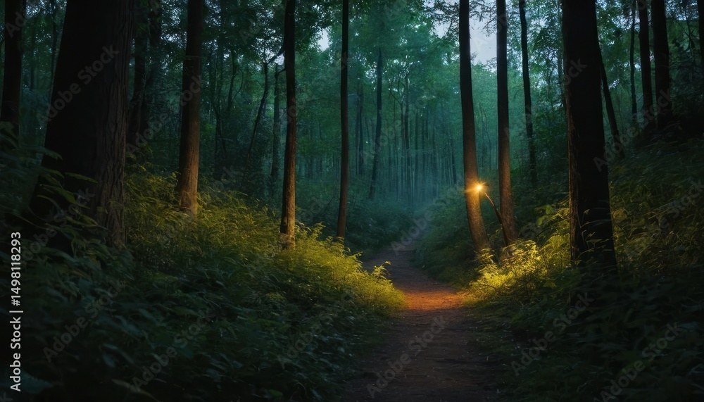 Obraz premium The lighting of the lamps illuminates the trees in the dark forest.