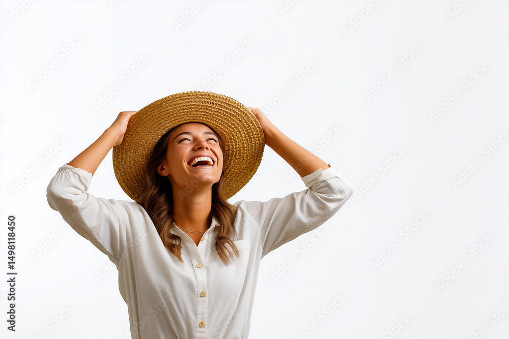 Girl Joyfully Holding a Straw Hat While Smiling Brightly in a Simple Studio Setting Girl Joyfully Holding a Straw Hat While Smiling Brightly in a Simple Studio Setting