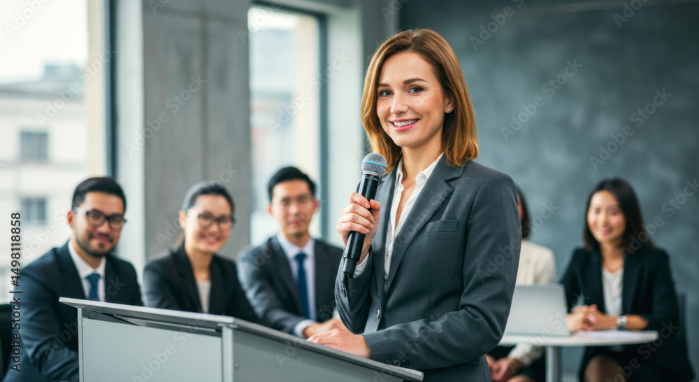 Professional woman speaking at podium during business presentation Professional woman speaking at podium during business presentation
