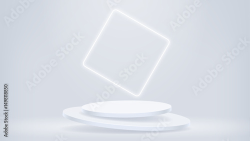 Two light grey levitating podiums for product presentation with white neon square light