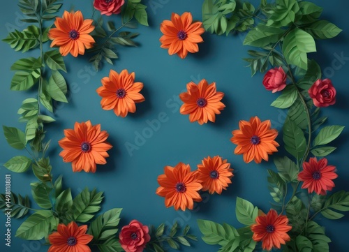 Overhead vibrant paper flowers, green leaves, blue backdrop,  template,  festive,  flat lay