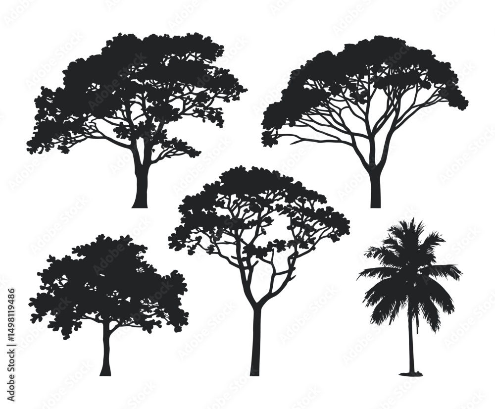 Fototapeta premium Teak Tree Silhouette Vector Set Illustration