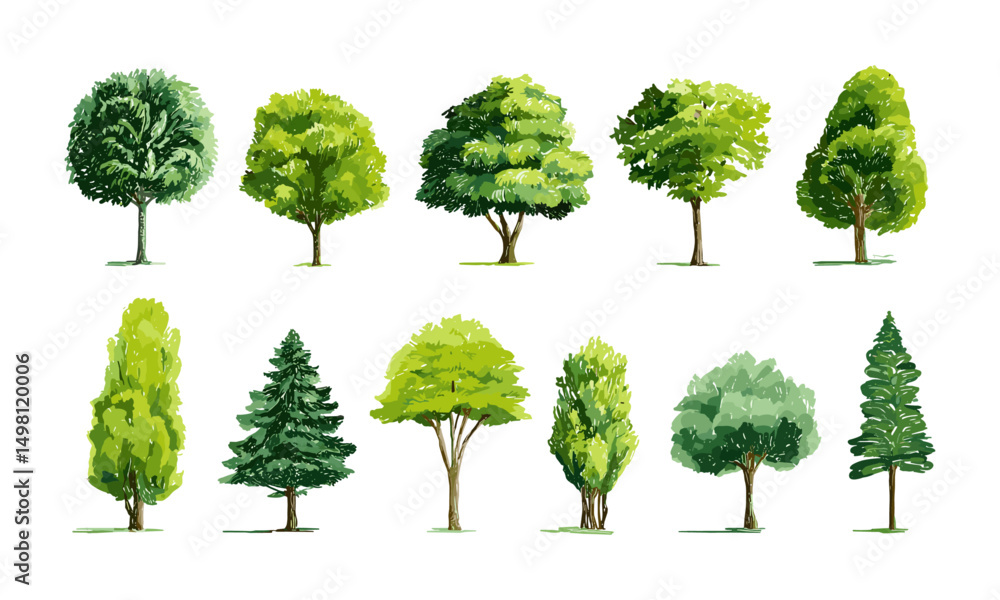 Fototapeta premium Green tree vector icon set collection on white background, nature symbol, forest tree vector illustration, eco concept, foliage graphic, park landscape design, silhouette, environment clipart, png.