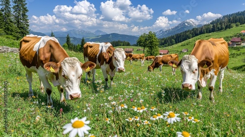 Fototapeta Naklejka Na Ścianę i Meble -  Happy cows grazing in a vibrant meadow under a bright blue sky with wildflowers