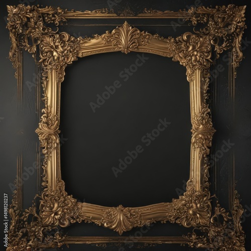 Black background with gold metallic foil ornate frame, subtle shimmer, reflection, glamour