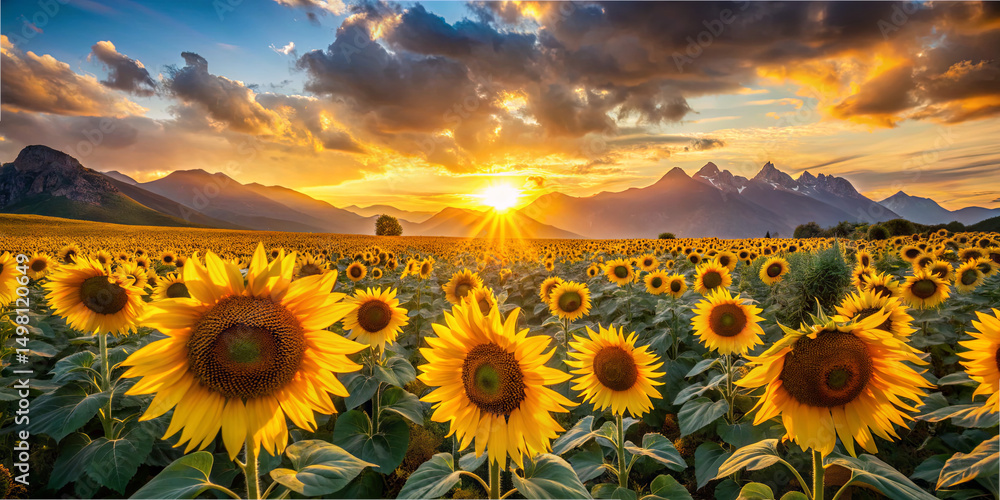 Fototapeta premium Vibrant sunflowers stretch across a field as the sun sets behind majestic mountains, casting golden hues on the landscape. Nature’s beauty shines brightly in this tranquil setting