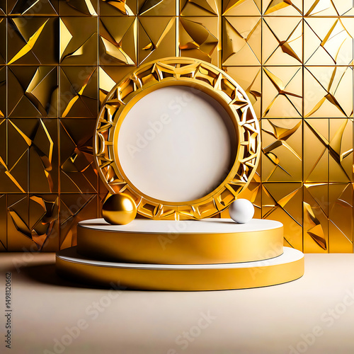 Elegant Gold and White Product Display Platform with Ornate Frame