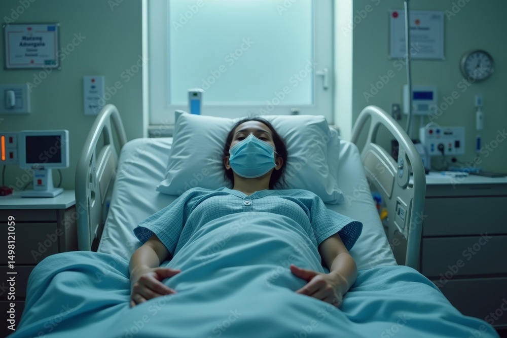 Obraz premium Lone figure in a hospital bed, representing the healthcare emergency in a pandemic.