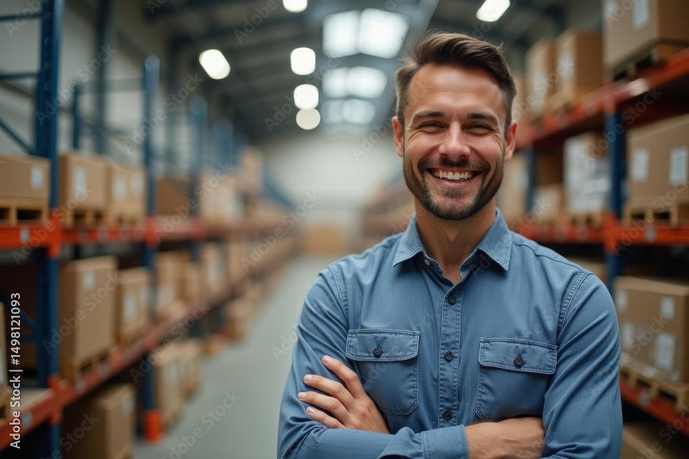 Fototapeta premium Professional and Friendly Male Supervisor Smiling in Warehouse Setting