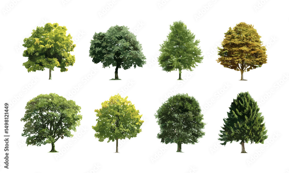 Fototapeta premium Vector illustration, collection of isolated trees, oak, maple, birch, chestnut, forest nature composition, tree line silhouette, eco landscape elements, park scenery design.