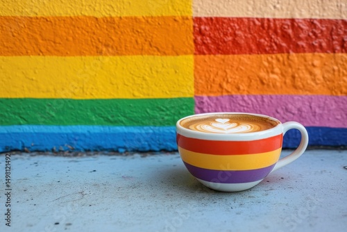 Colorful coffee cup with rainbow stripes next to vibrant mural on a sunny day, Coffee cup with rainbow stripes in front of colorful mural