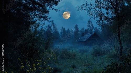 Secluded cabin in a misty forest under a full moon