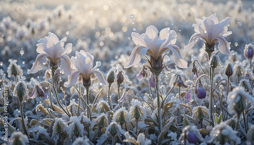 Delicate flowers adorned with frost and dew are blooming in a serene meadow during dawn. The sunlight creates a soft glow, enhancing the enchanting view of nature's splendor