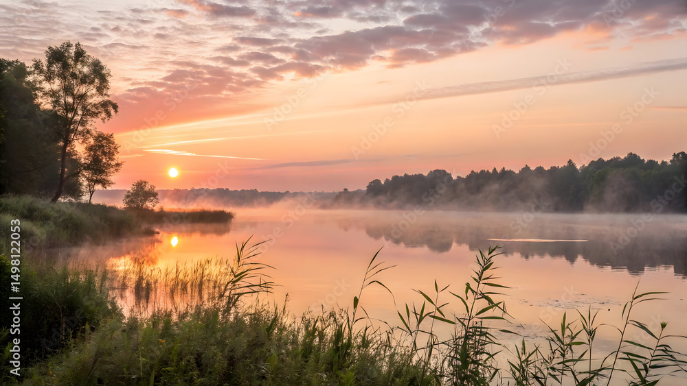 Fototapeta premium Pink and Orange Sunset Over Snowy Plain