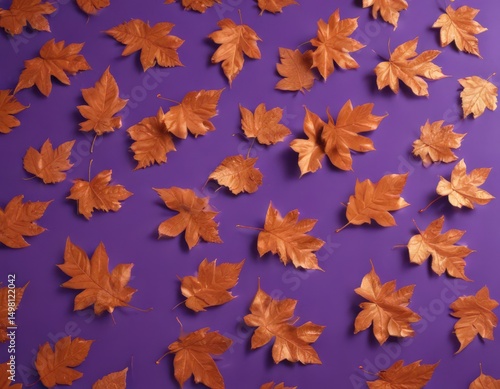 Dry orange metallic leaves scattered on a violet backdrop, creating a textured autumnal pattern , shade, aesthetic