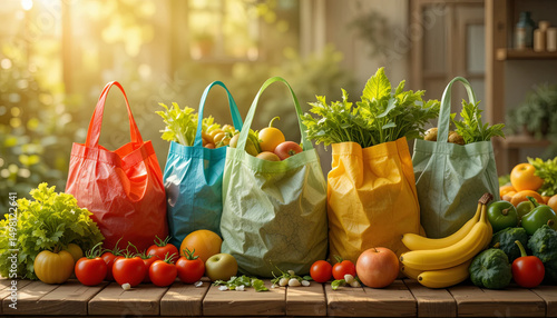 Brightly colored reusable bags sit on a wooden table, filled with a variety of fresh fruits and vegetables. Sunlight filters through greenery, enhancing the vibrant colors