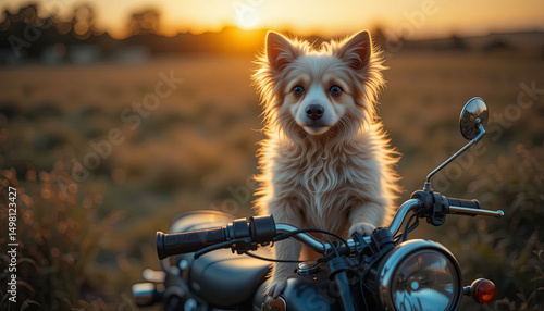 A fluffy dog sits confidently on a parked motorcycle in a golden field at sunset. The warm light creates a beautiful backdrop, highlighting the joyful moment shared between pet and machine