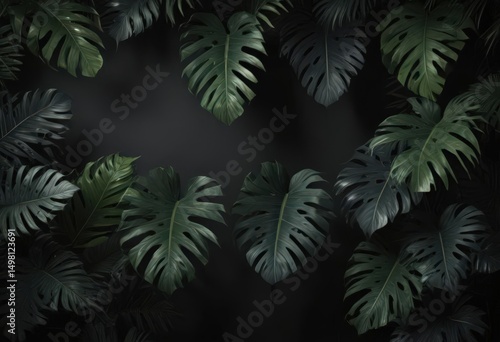 Deep black backdrop with oversized, shadowy tropical leaves Dramatic jungle-inspired design , leaf wallpaper, botanical
