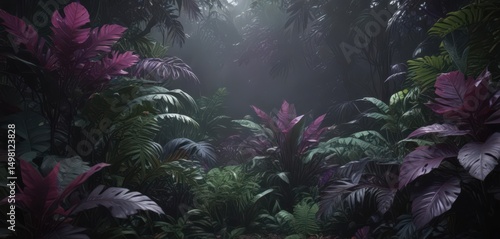 Luxurious dark jungle leaves, vibrant greens & purples, bromeliad, pattern design, dark