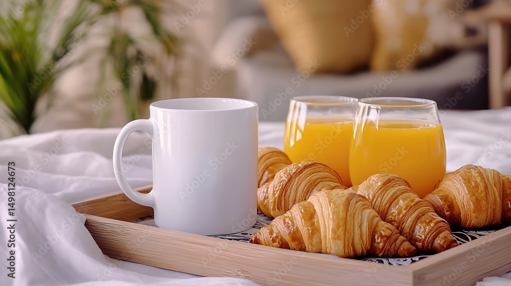 Classic white mug on a breakfast tray with croissants and orange juice, hotel room background with modern decor . Classic white mug on a breakfast tray with croissants and orange juice, hotel room background with modern decor .