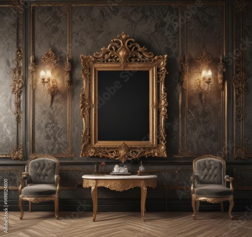 Luxurious damask setting with assorted vintage picture frames ,  still life,  vintage aesthetic,  rich