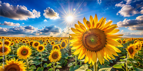 A field filled with vibrant sunflowers stretches towards the horizon, reaching up to a bright blue sky. Fluffy clouds drift by as the sun casts warm light over the flowers